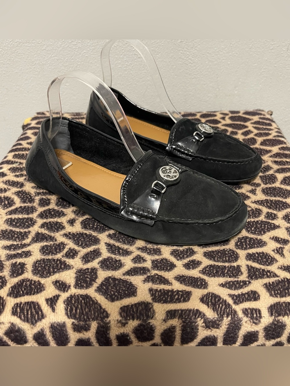 Coach Fonda Slip On Patent Leather Loafers Black Suede Womens 9.5